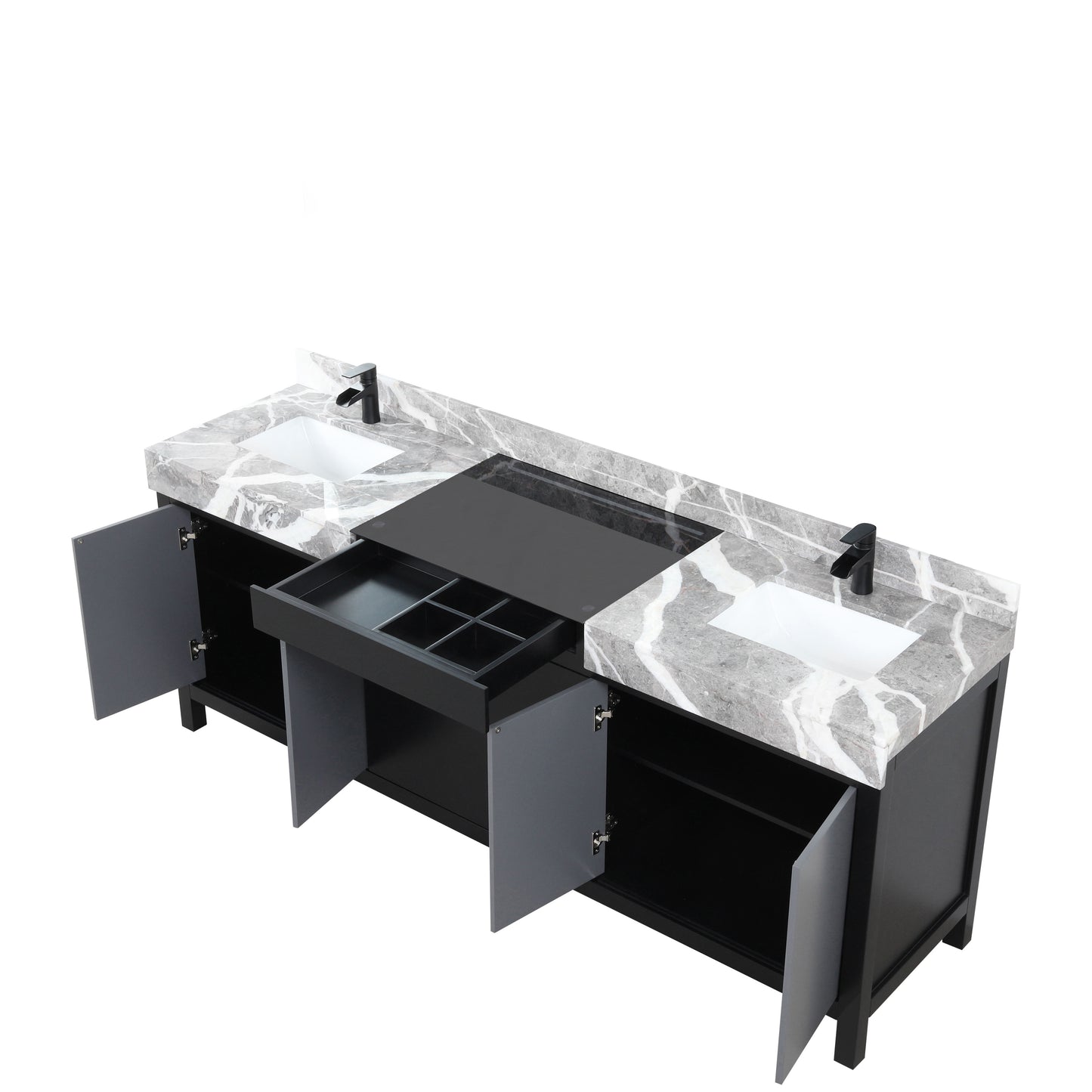 Lexora Collection Zilara 84 inch Black and Grey Double Bath Vanity, Castle Grey Marble Top and Faucet Set - Luxe Bathroom Vanities