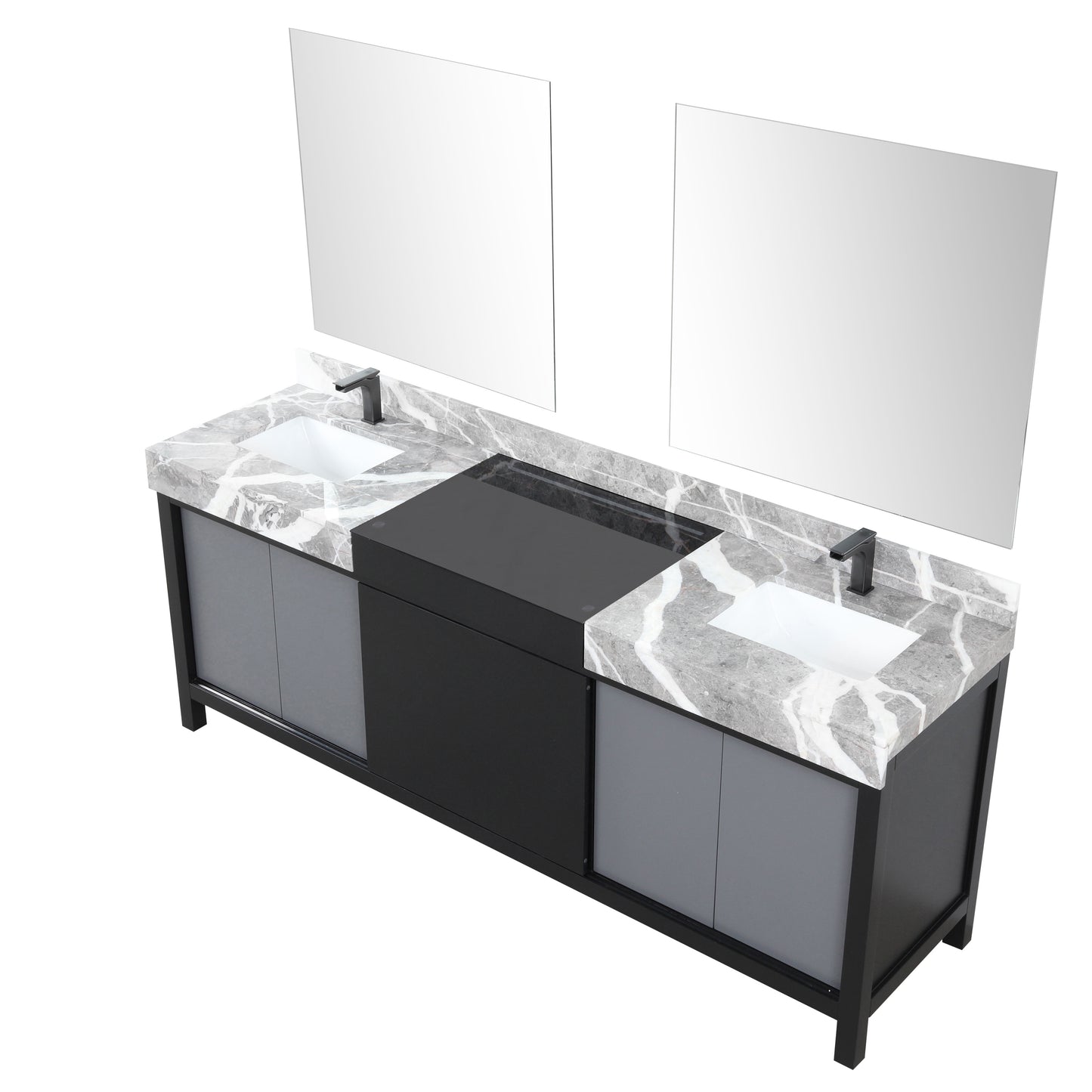 Lexora Collection Zilara 84 inch Black and Grey Double Bath Vanity, Castle Grey Marble Top, Faucet Set and 34 inch Mirrors - Luxe Bathroom Vanities