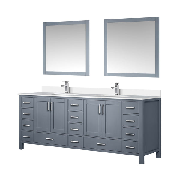 Lexora Collection Jacques 84 inch Double Bath Vanity, White Quartz Top, Faucet Set, and 34 inch Mirrors - Luxe Bathroom Vanities