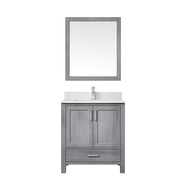 Lexora Collection Jacques 30 inch Bath Vanity, White Quartz Top, Faucet Set, and 28 inch Mirror - Luxe Bathroom Vanities