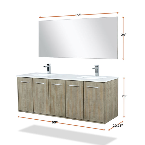 Lexora Collection Fairbanks 60 inch Rustic Acacia Double Bath Vanity, Cultured Marble Top, Faucet Set and 55 inch Mirror - Luxe Bathroom Vanities