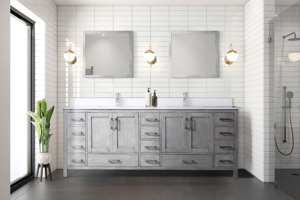 Lexora Collection Jacques 84 inch Double Bath Vanity, White Quartz Top, and Faucet Set - Luxe Bathroom Vanities