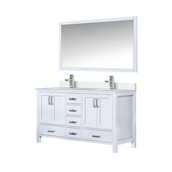 Lexora Collection Jacques 60 inch Double Bath Vanity, White Quartz Top, Faucet Set, and 58 inch Mirror - Luxe Bathroom Vanities