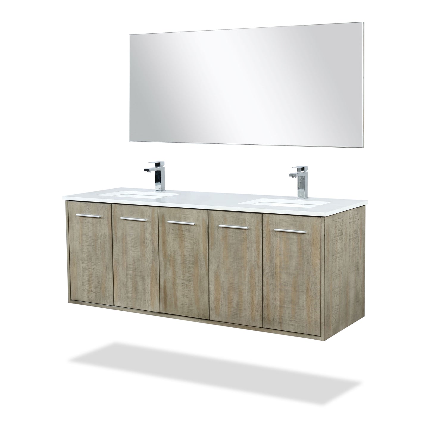 Lexora Collection Fairbanks 60 inch Rustic Acacia Double Bath Vanity, Cultured Marble Top, Faucet Set and 55 inch Mirror - Luxe Bathroom Vanities