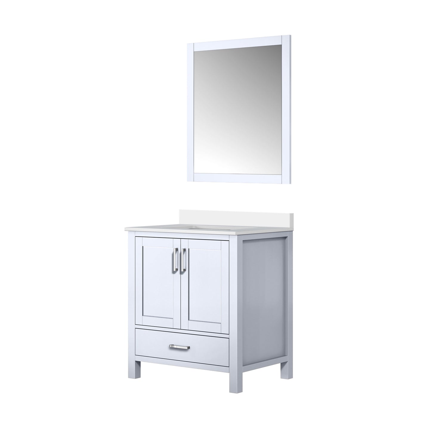 Lexora Collection Jacques 30 inch Bath Vanity, White Quartz Top, and 28 inch Mirror - Luxe Bathroom Vanities