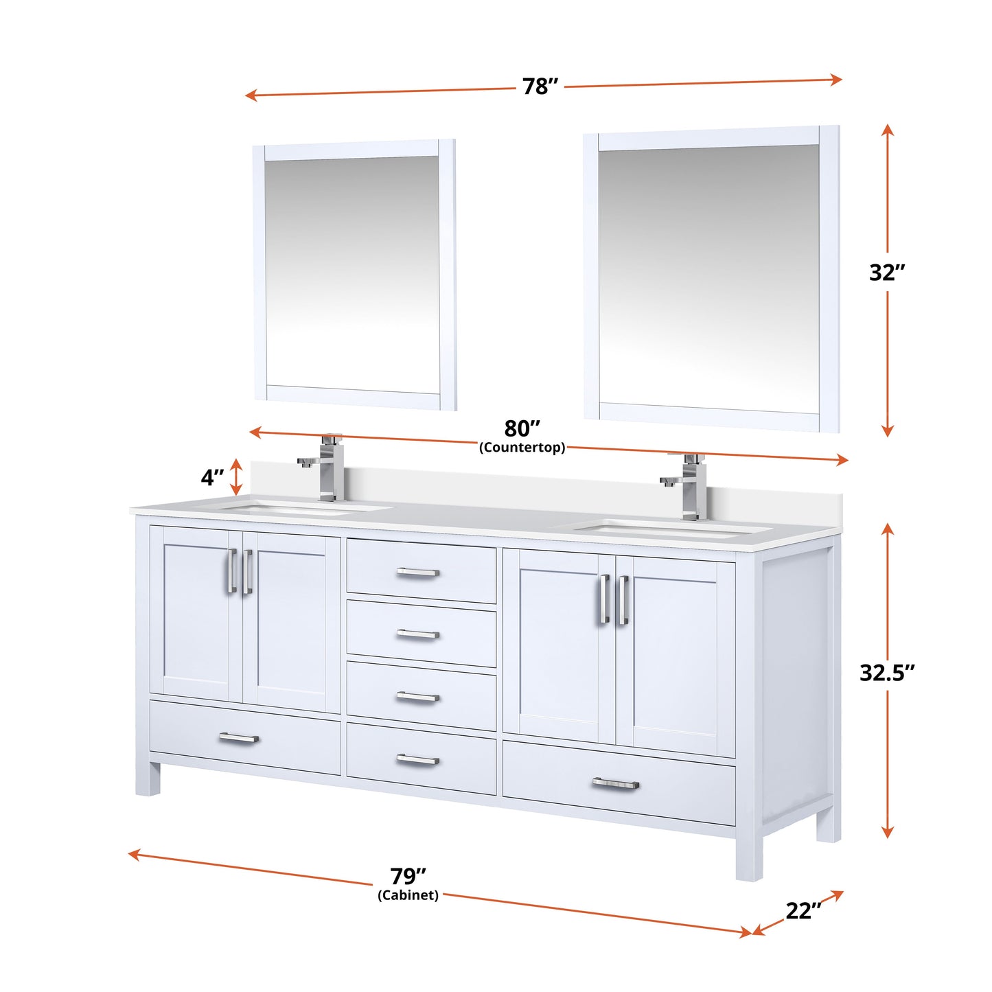 Lexora Collection Jacques 80 inch Double Bath Vanity, White Quartz Top, and Faucet Set - Luxe Bathroom Vanities