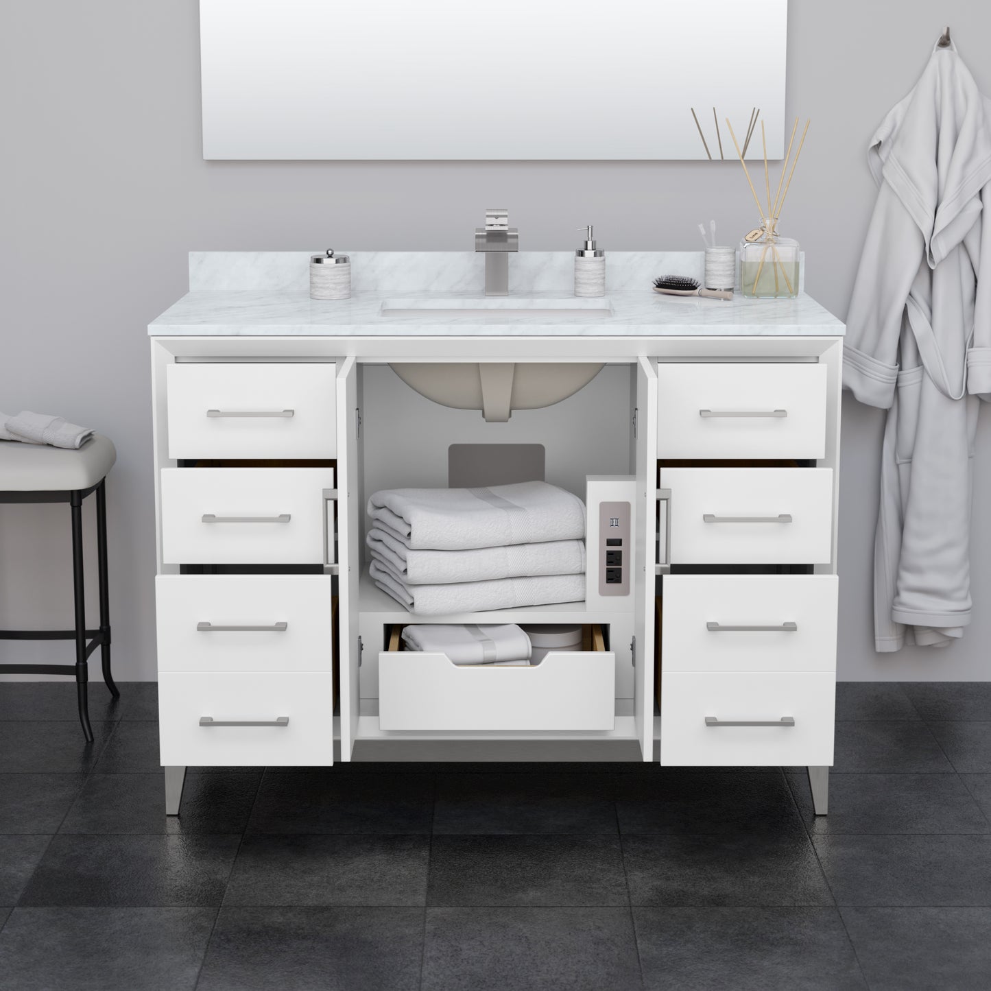 Wyndham Collection Amici 48 Inch Single Bathroom Vanity in White, White Carrara Marble Countertop, Undermount Square Sink - Luxe Bathroom Vanities