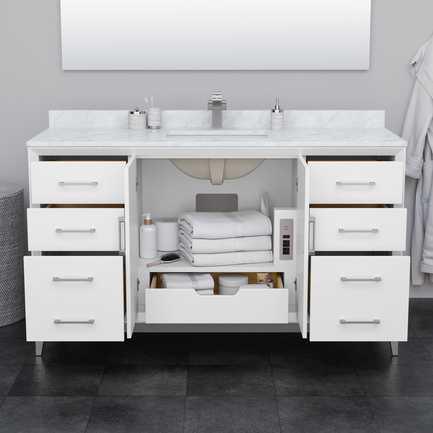 Wyndham Collection Amici 60 Inch Single Bathroom Vanity in White, White Carrara Marble Countertop, Undermount Square Sink - Luxe Bathroom Vanities