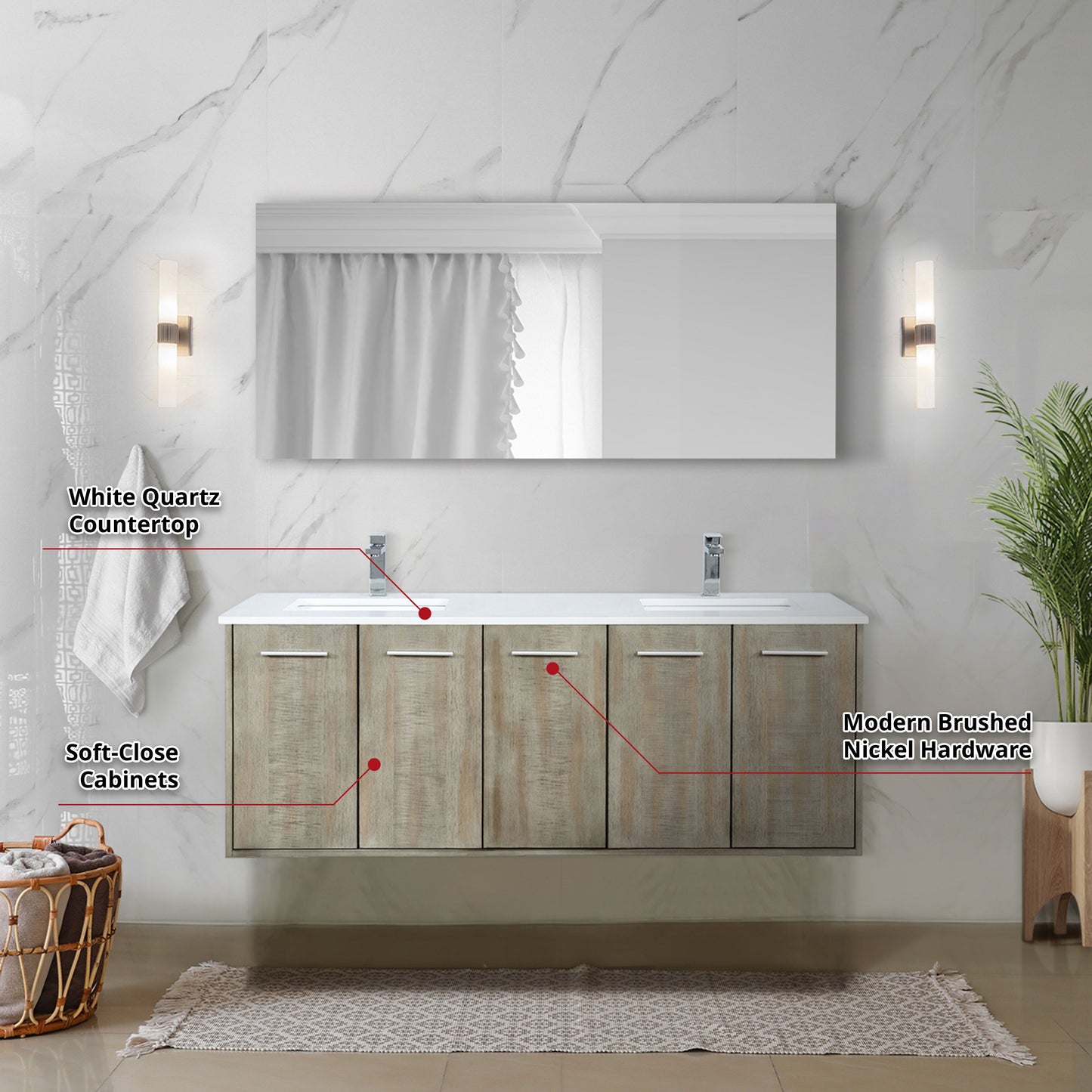 Lexora Collection Fairbanks 60 inch Rustic Acacia Double Bath Vanity, White Quartz Top, Faucet Set and 55 inch Mirror - Luxe Bathroom Vanities