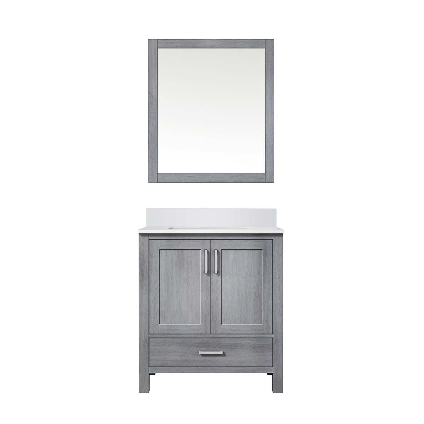 Lexora Collection Jacques 30 inch Bath Vanity, White Quartz Top, and 28 inch Mirror - Luxe Bathroom Vanities