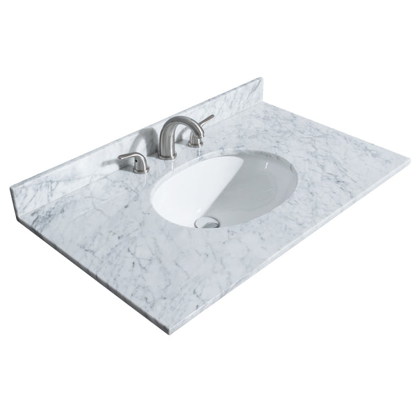 Wyndham Collection Deborah 36 Inch Single Bathroom Vanity in White, White Carrara Marble Countertop, Undermount Oval Sink, Brushed Gold Trim - Luxe Bathroom Vanities