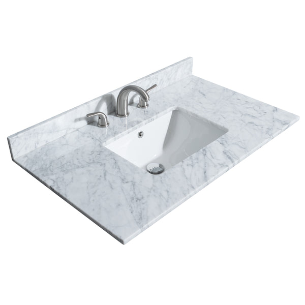 Wyndham Collection Deborah 36 Inch Single Bathroom Vanity in White, White Carrara Marble Countertop, Undermount Square Sink, Brushed Gold Trim - Luxe Bathroom Vanities