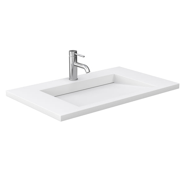 Wyndham Collection Miranda 36 Inch Single Bathroom Vanity in White, 1.25 Inch Thick Matte White Solid Surface Countertop, Integrated Sink, Brushed Gold Trim, 34 Inch Mirror - Luxe Bathroom Vanities