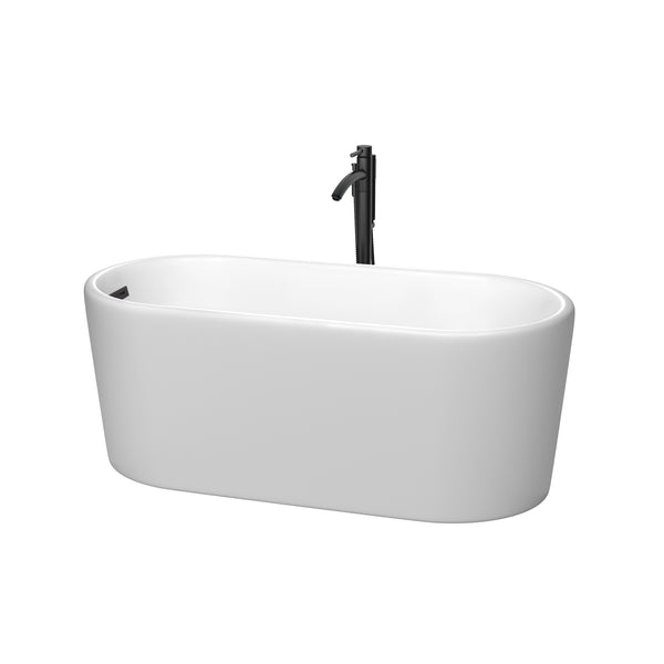 Wyndham Collection Ursula 59 Inch Freestanding Bathtub in Matte White with Floor Mounted Faucet, Drain and Overflow Trim in Matte Black - Luxe Bathroom Vanities