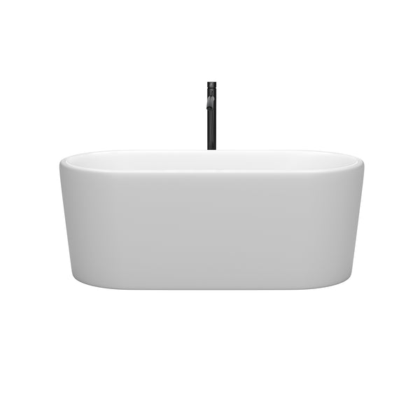 Wyndham Collection Ursula 59 Inch Freestanding Bathtub in Matte White with Floor Mounted Faucet, Drain and Overflow Trim in Matte Black - Luxe Bathroom Vanities