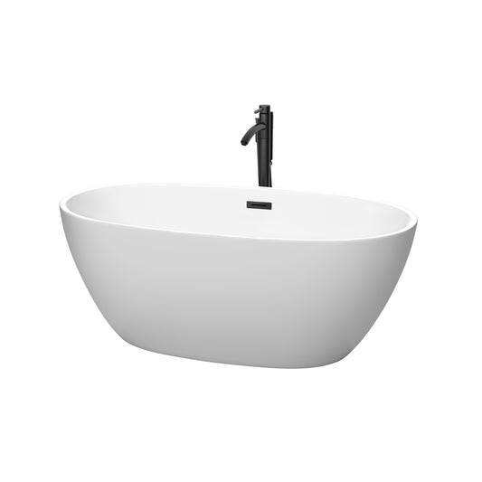 Wyndham Collection Juno 59 Inch Freestanding Bathtub in Matte White with Floor Mounted Faucet, Drain and Overflow Trim in Matte Black - Luxe Bathroom Vanities