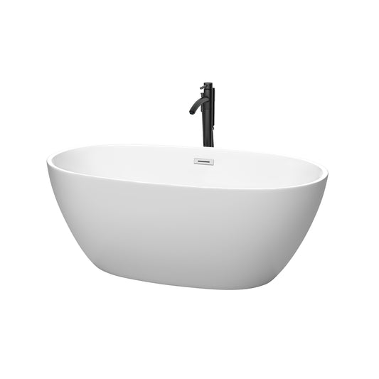 Wyndham Collection Juno 59 Inch Freestanding Bathtub in Matte White with Floor Mounted Faucet, Drain and Overflow Trim - Luxe Bathroom Vanities
