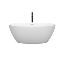 Wyndham Collection Juno 59 Inch Freestanding Bathtub in Matte White with Floor Mounted Faucet, Drain and Overflow Trim - Luxe Bathroom Vanities