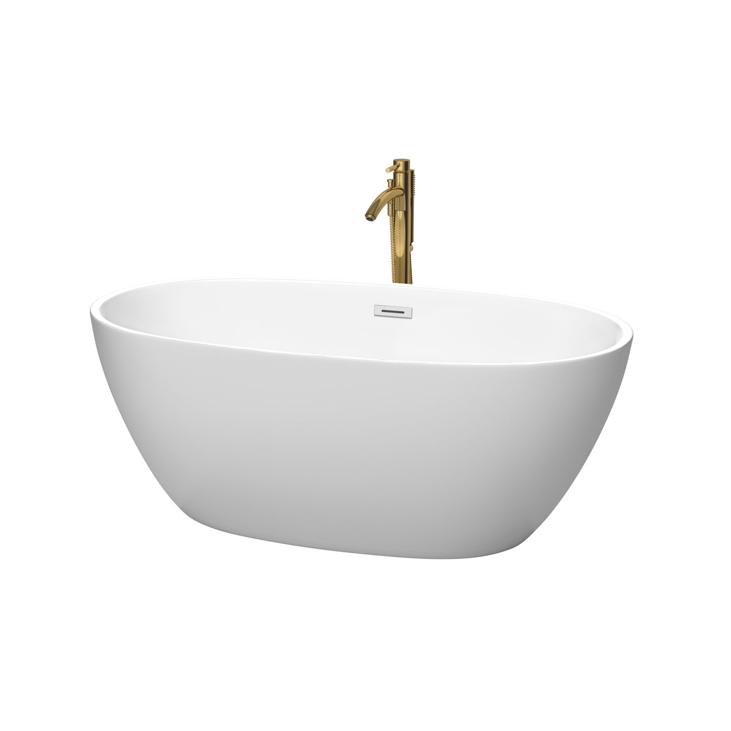Wyndham Collection Juno 59 Inch Freestanding Bathtub in Matte White with Floor Mounted Faucet, Drain and Overflow Trim - Luxe Bathroom Vanities