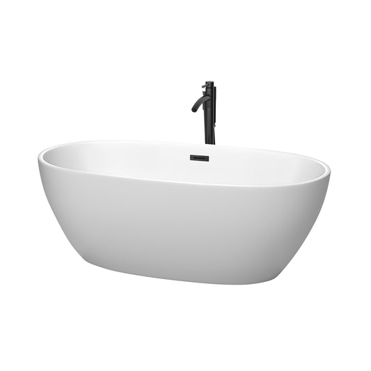Wyndham Collection Juno 63 Inch Freestanding Bathtub in Matte White with Floor Mounted Faucet, Drain and Overflow Trim in Matte Black - Luxe Bathroom Vanities