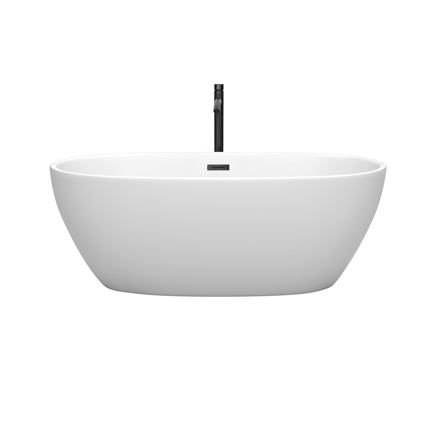 Wyndham Collection Juno 63 Inch Freestanding Bathtub in Matte White with Floor Mounted Faucet, Drain and Overflow Trim in Matte Black - Luxe Bathroom Vanities