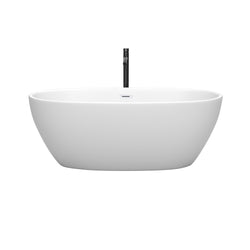 Wyndham Collection Juno 63 Inch Freestanding Bathtub in Matte White with Floor Mounted Faucet, Drain and Overflow Trim - Luxe Bathroom Vanities