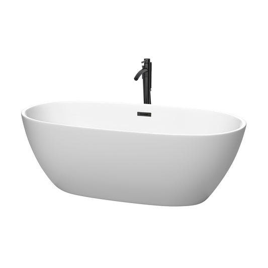 Wyndham Collection Juno 67 Inch Freestanding Bathtub in Matte White with Floor Mounted Faucet, Drain and Overflow Trim in Matte Black - Luxe Bathroom Vanities