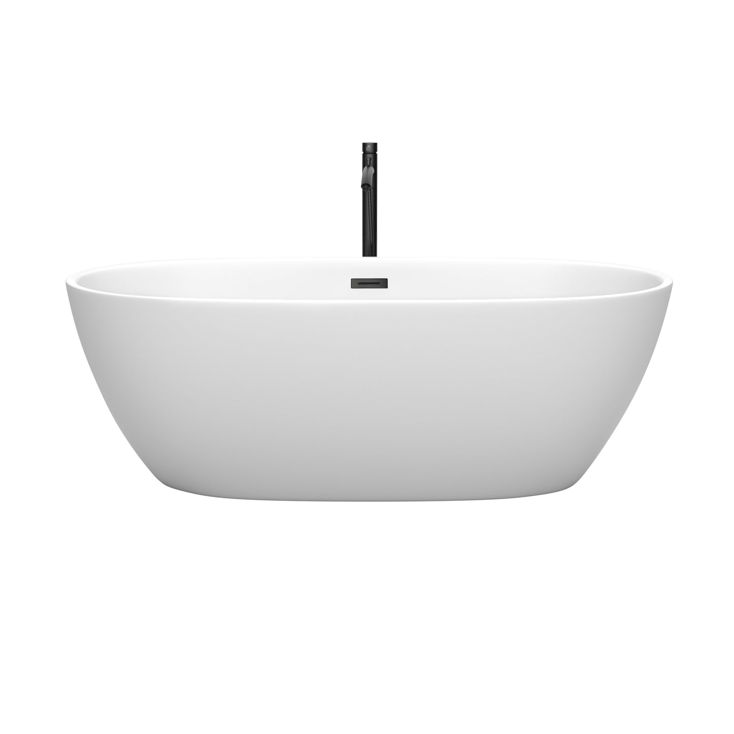 Wyndham Collection Juno 67 Inch Freestanding Bathtub in Matte White with Floor Mounted Faucet, Drain and Overflow Trim in Matte Black - Luxe Bathroom Vanities