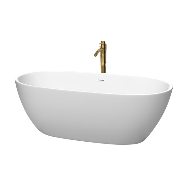Wyndham Collection Juno 67 Inch Freestanding Bathtub in Matte White with Floor Mounted Faucet, Drain and Overflow Trim - Luxe Bathroom Vanities