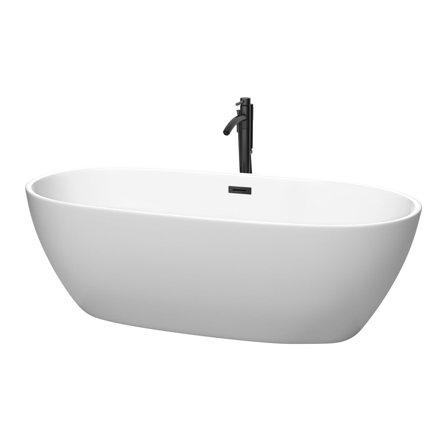 Wyndham Collection Juno 71 Inch Freestanding Bathtub in Matte White with Floor Mounted Faucet, Drain and Overflow Trim in Matte Black - Luxe Bathroom Vanities