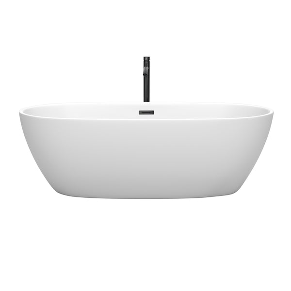 Wyndham Collection Juno 71 Inch Freestanding Bathtub in Matte White with Floor Mounted Faucet, Drain and Overflow Trim in Matte Black - Luxe Bathroom Vanities