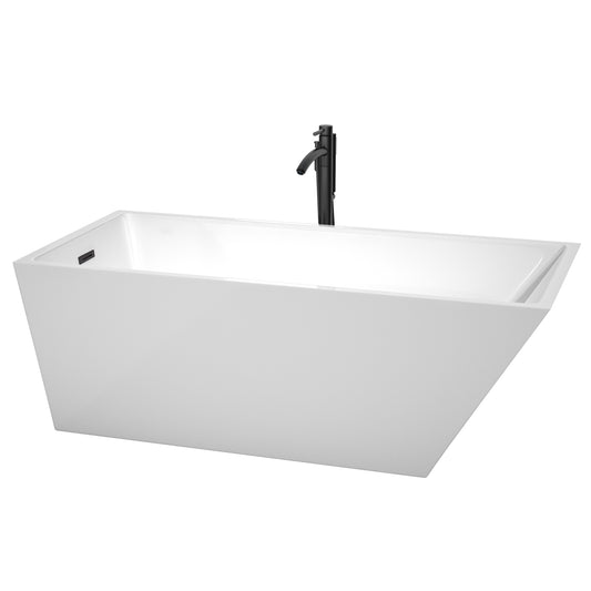 Wyndham Collection Hannah 67 Inch Freestanding Bathtub in White with Floor Mounted Faucet, Drain and Overflow Trim in Matte Black - Luxe Bathroom Vanities