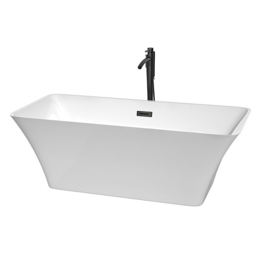 Wyndham Collection Tiffany 67 Inch Freestanding Bathtub in White with Floor Mounted Faucet, Drain and Overflow Trim in Matte Black - Luxe Bathroom Vanities