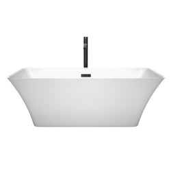 Wyndham Collection Tiffany 67 Inch Freestanding Bathtub in White with Floor Mounted Faucet, Drain and Overflow Trim in Matte Black - Luxe Bathroom Vanities