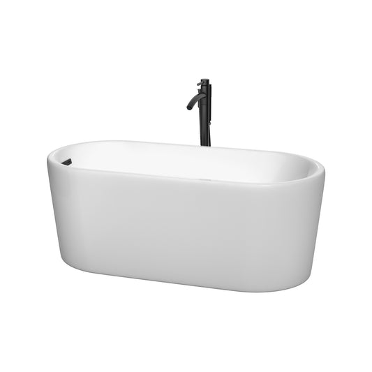 Wyndham Collection Ursula 59 Inch Freestanding Bathtub in White with Floor Mounted Faucet, Drain and Overflow Trim in Matte Black - Luxe Bathroom Vanities