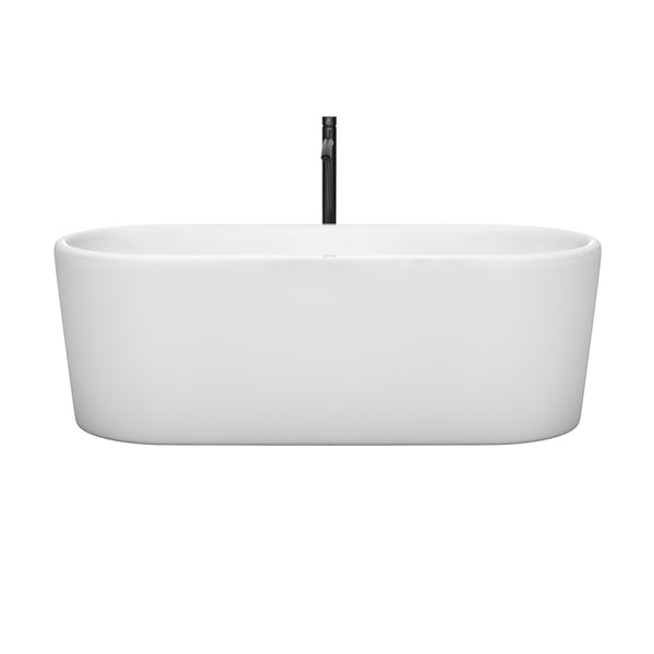 Wyndham Collection Ursula 67 Inch Freestanding Bathtub in White with Floor Mounted Faucet, Drain and Overflow Trim in Matte Black - Luxe Bathroom Vanities