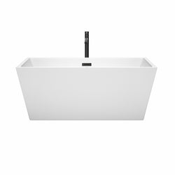 Wyndham Collection Sara 59 Inch Freestanding Bathtub in White with Floor Mounted Faucet, Drain and Overflow Trim in Matte Black - Luxe Bathroom Vanities