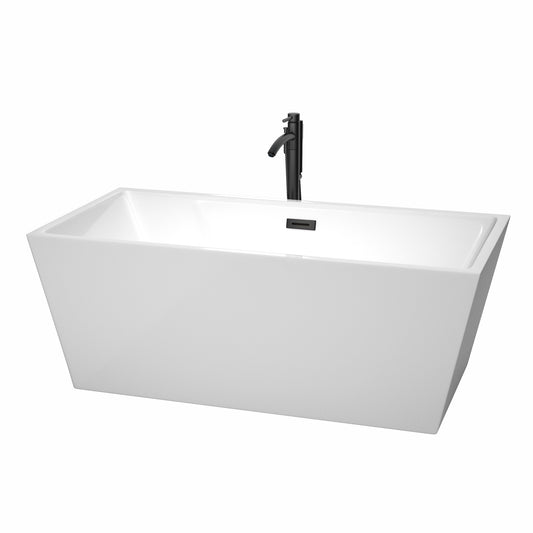 Wyndham Collection Sara 63 Inch Freestanding Bathtub in White with Floor Mounted Faucet, Drain and Overflow Trim in Matte Black - Luxe Bathroom Vanities