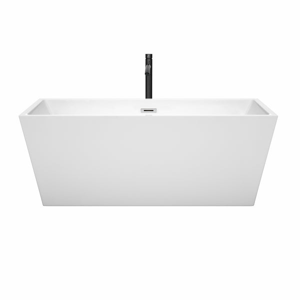 Wyndham Collection Sara 63 Inch Freestanding Bathtub in White with Floor Mounted Faucet, Drain and Overflow Trim - Luxe Bathroom Vanities