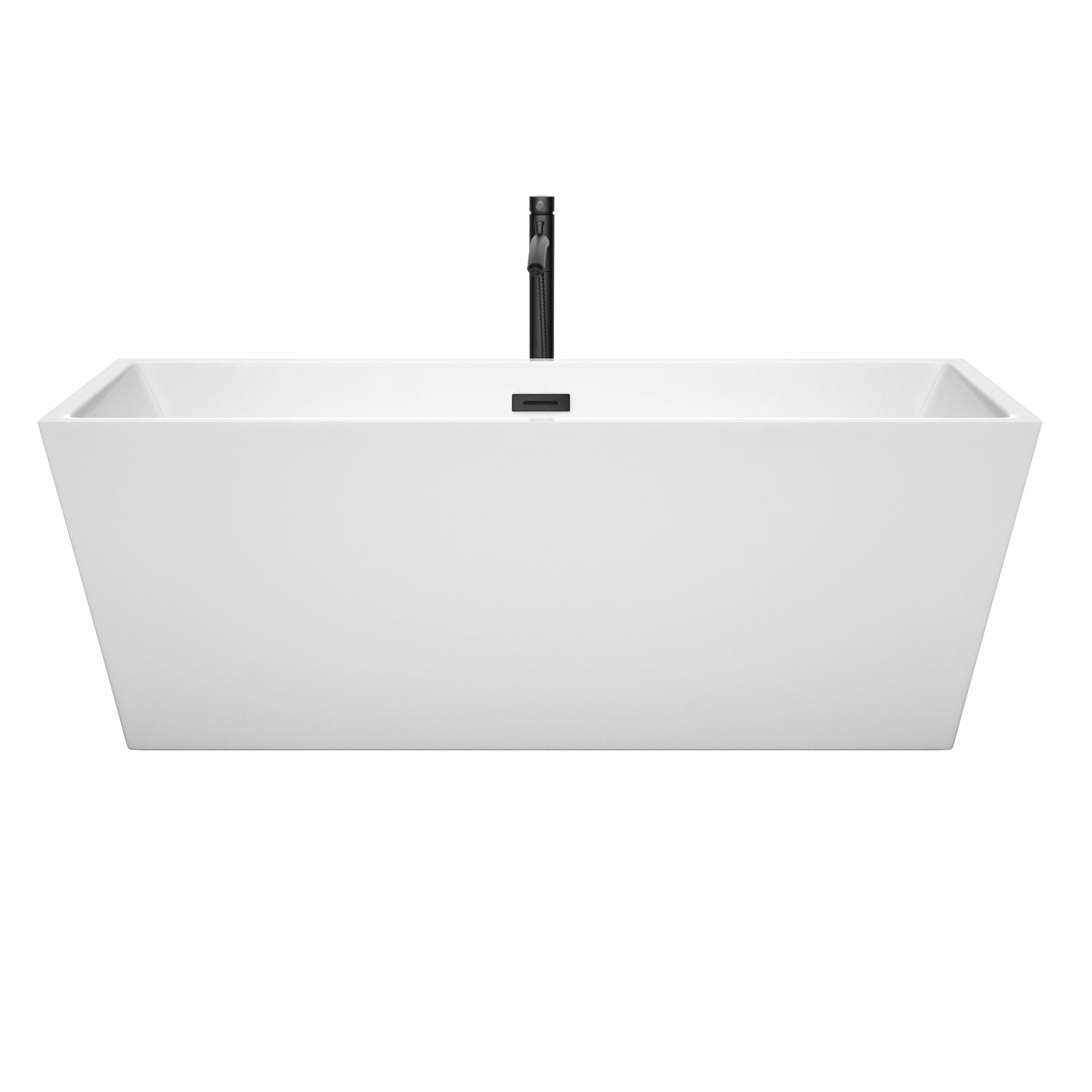 Wyndham Collection Sara 67 Inch Freestanding Bathtub in White with Floor Mounted Faucet, Drain and Overflow Trim in Matte Black - Luxe Bathroom Vanities