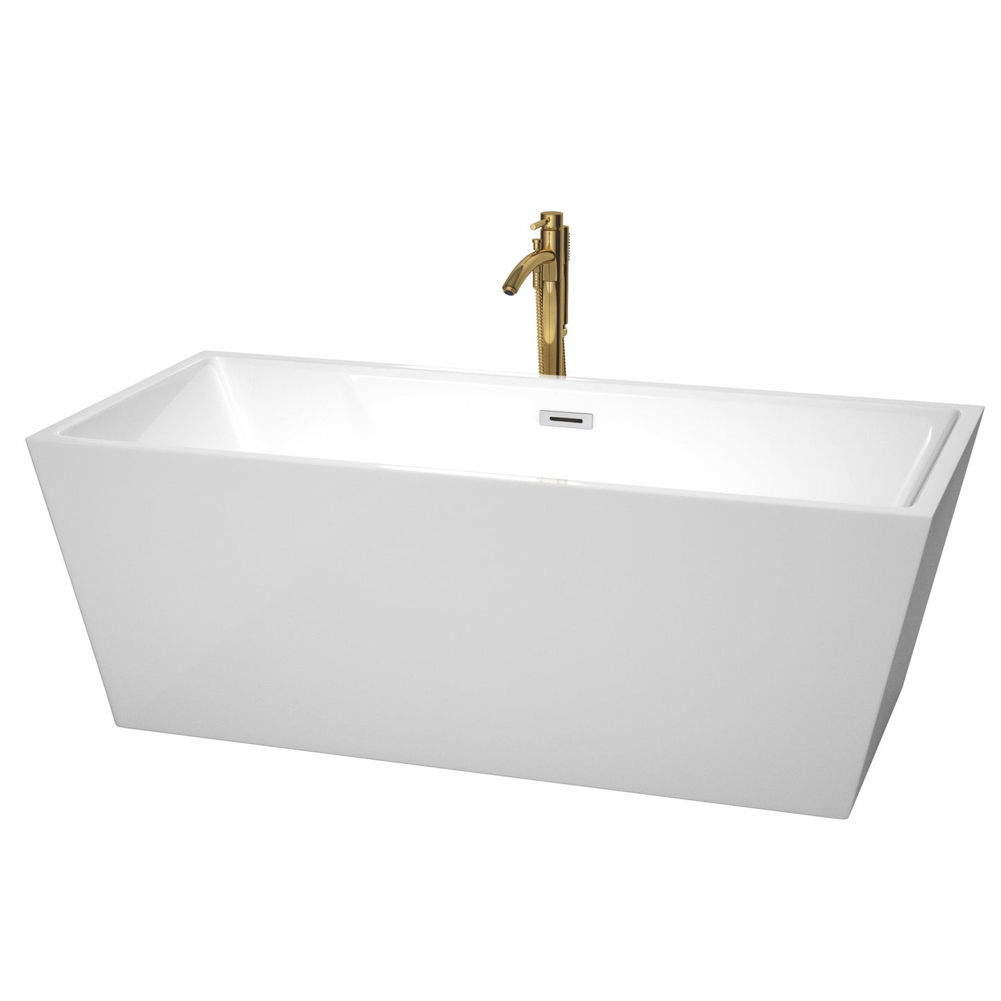 Wyndham Collection Sara 67 Inch Freestanding Bathtub in White with Floor Mounted Faucet, Drain and Overflow Trim - Luxe Bathroom Vanities