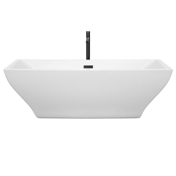 Wyndham Collection Maryam 71 Inch Freestanding Bathtub in White with Floor Mounted Faucet, Drain and Overflow Trim in Matte Black - Luxe Bathroom Vanities