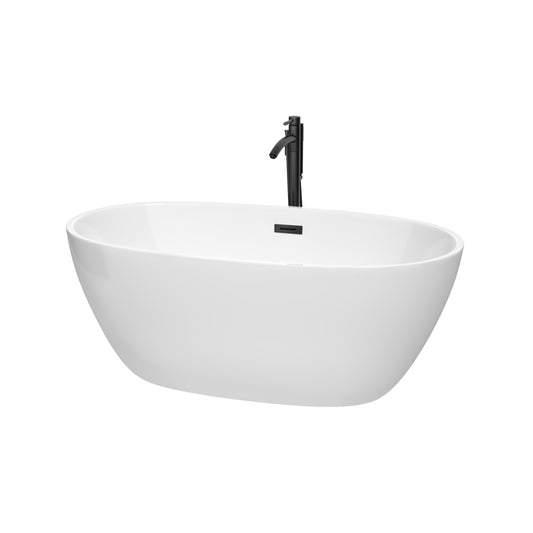 Wyndham Collection Juno 59 Inch Freestanding Bathtub in White with Floor Mounted Faucet, Drain and Overflow Trim in Matte Black - Luxe Bathroom Vanities
