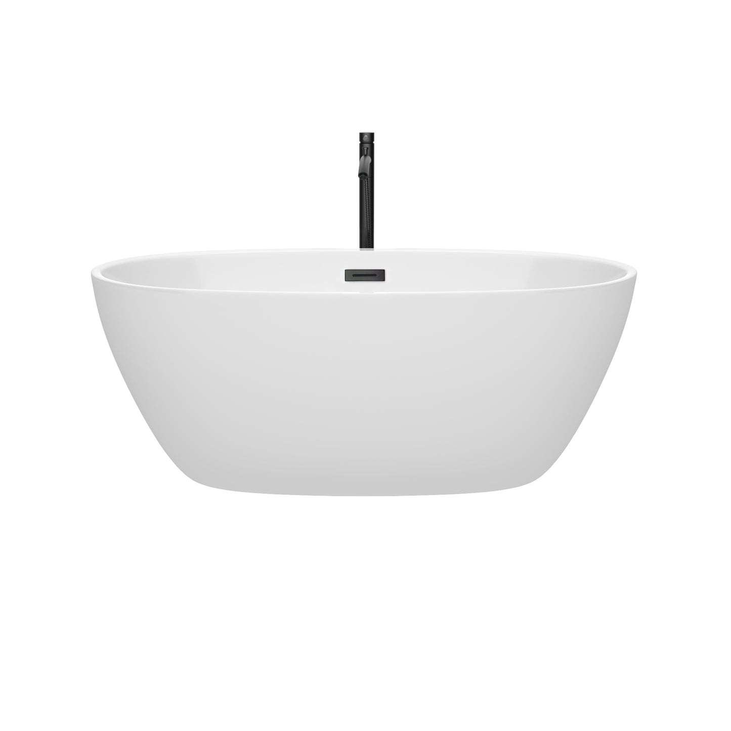 Wyndham Collection Juno 59 Inch Freestanding Bathtub in White with Floor Mounted Faucet, Drain and Overflow Trim in Matte Black - Luxe Bathroom Vanities