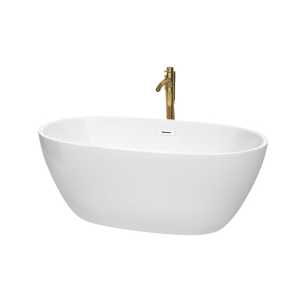 Wyndham Collection Juno 59 Inch Freestanding Bathtub in White with Floor Mounted Faucet, Drain and Overflow Trim - Luxe Bathroom Vanities