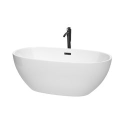 Wyndham Collection Juno 63 Inch Freestanding Bathtub in White with Floor Mounted Faucet, Drain and Overflow Trim in Matte Black - Luxe Bathroom Vanities