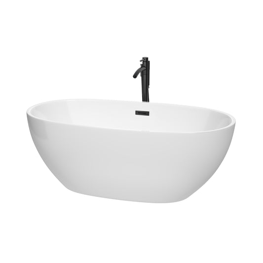 Wyndham Collection Juno 63 Inch Freestanding Bathtub in White with Floor Mounted Faucet, Drain and Overflow Trim in Matte Black - Luxe Bathroom Vanities