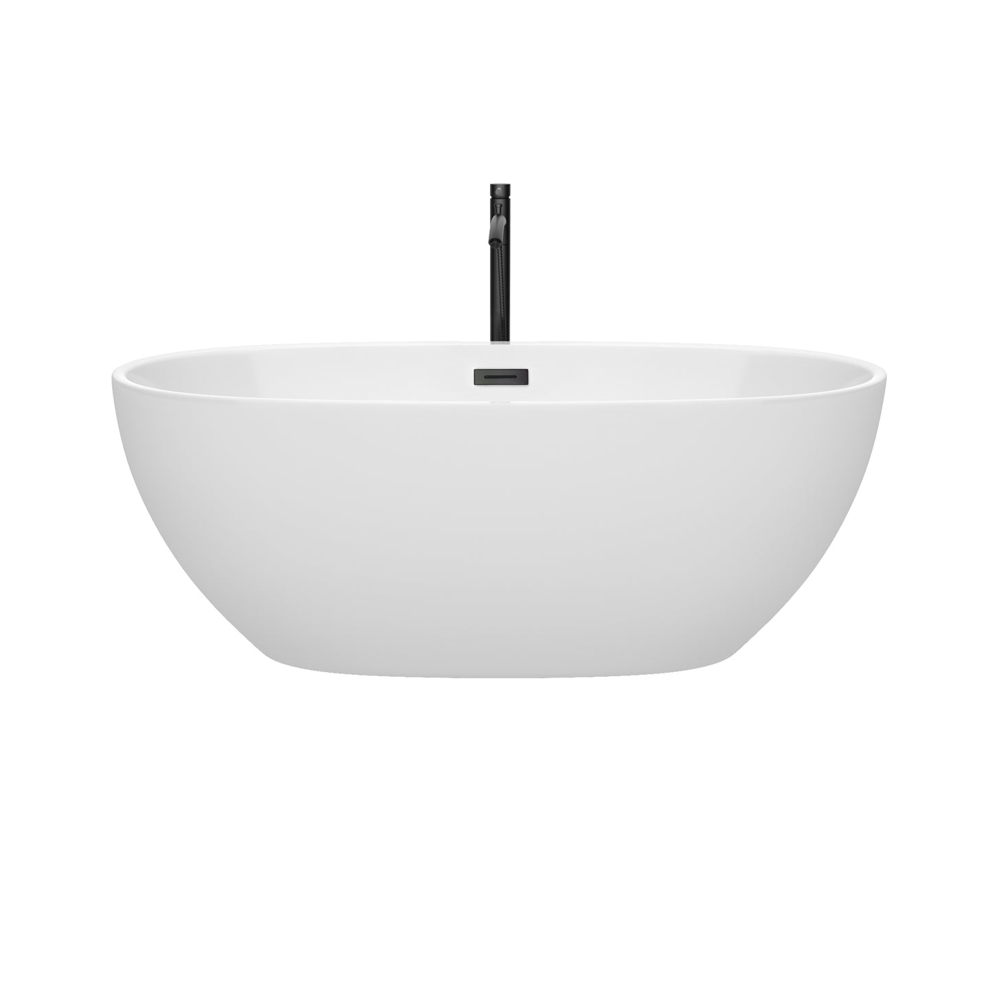 Wyndham Collection Juno 63 Inch Freestanding Bathtub in White with Floor Mounted Faucet, Drain and Overflow Trim in Matte Black - Luxe Bathroom Vanities