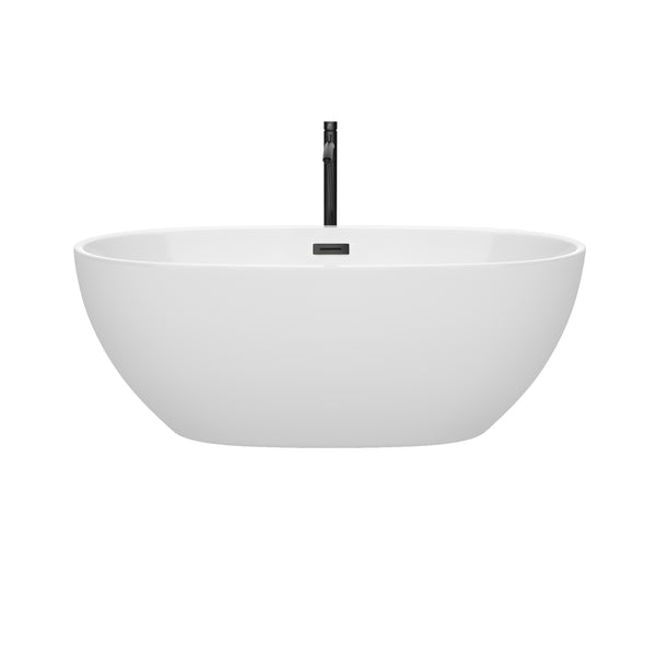 Wyndham Collection Juno 63 Inch Freestanding Bathtub in White with Floor Mounted Faucet, Drain and Overflow Trim in Matte Black - Luxe Bathroom Vanities