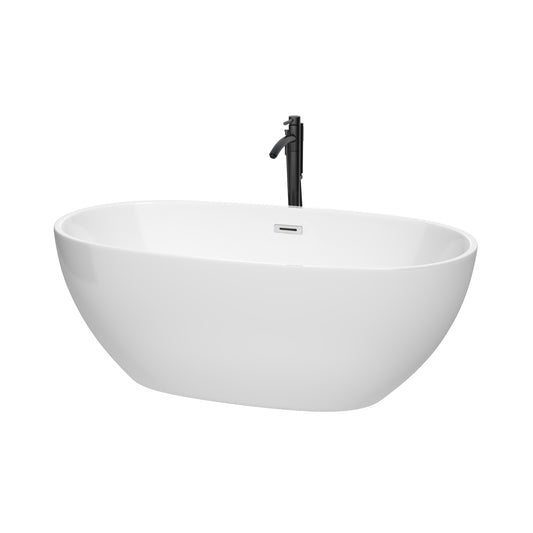 Wyndham Collection Juno 63 Inch Freestanding Bathtub in White with Floor Mounted Faucet, Drain and Overflow Trim - Luxe Bathroom Vanities